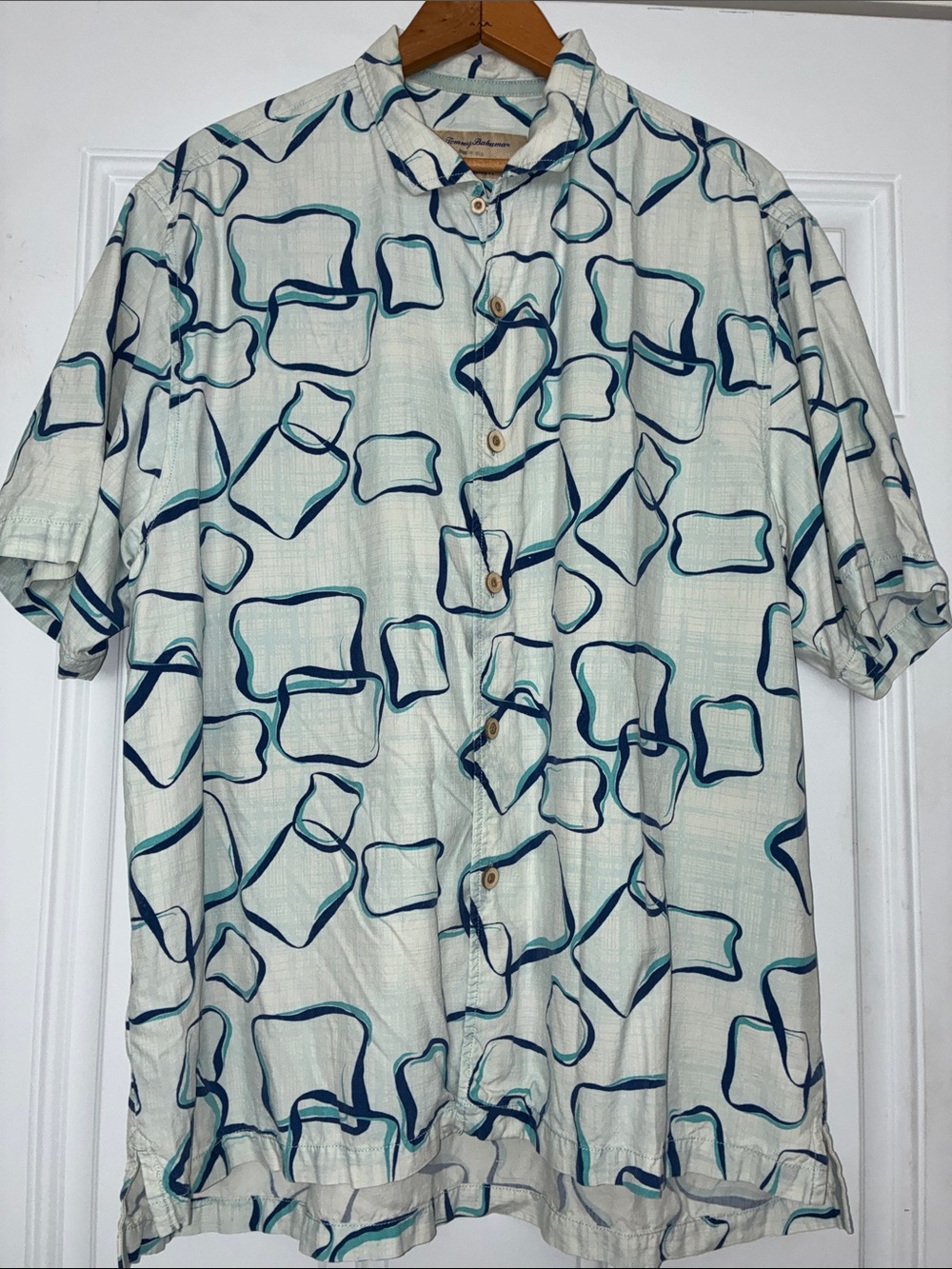 TOMMY BAHAMA GUC Ivory Short-Sleeve Button Down Shirt Geometric Print Size Large